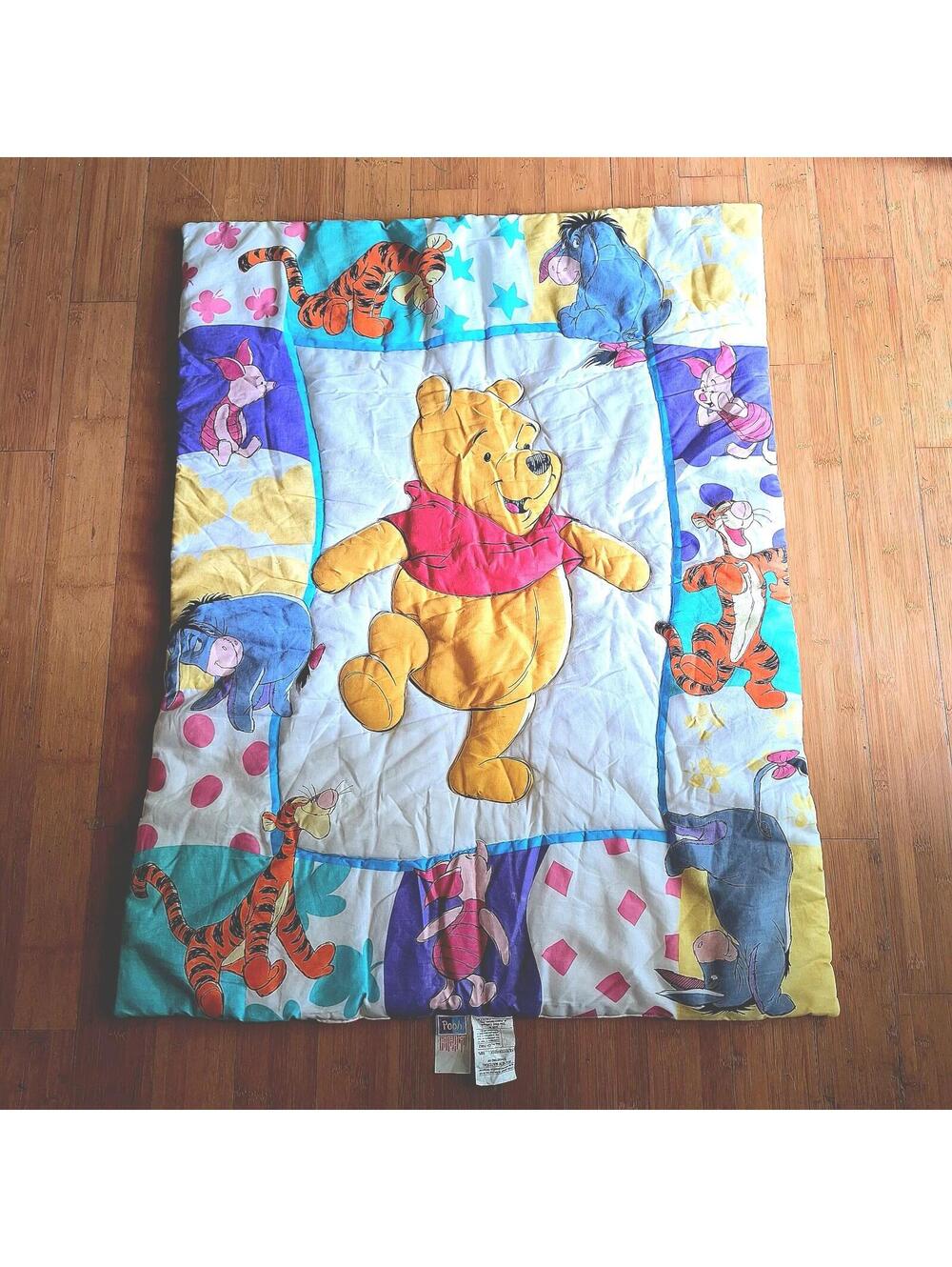VTG 1994 Disney Winnie The Pooh Quilt Crib Blanket Patchwork Reversible 31"X 41"